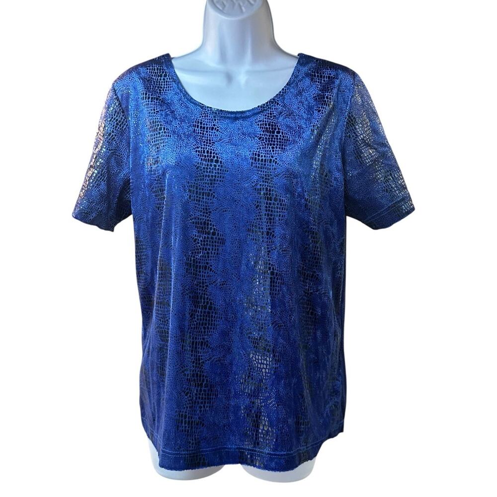 Vintage GANTOS Metallic Blue Animal Print Top Short Sleeve Y2K Size Large